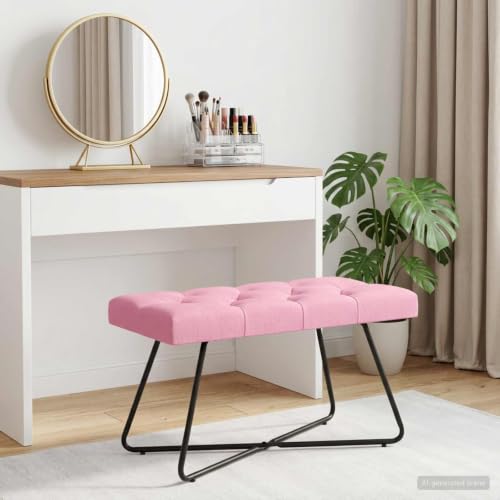 Banco moderno rosa capitoné con patas de metal para pie de cama 6