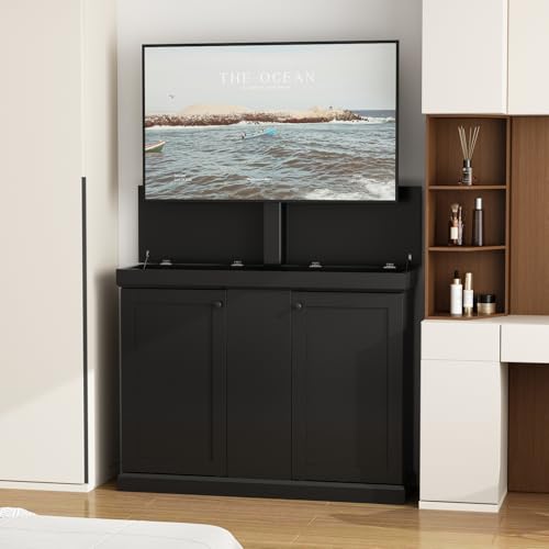 AIEGLE Hidden TV Lift Cabinet for 50 TVs Modern TV Stand with Mount & RF Remote Black Media Console Table with Storage 28.8-68 Height Adjustable Entertainment Center for Living Room
