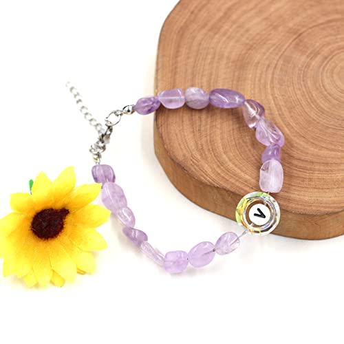 Image of Uloveido Purple Natural Stone and Austrian Crystal Letter Bracelet, Personalized Initial Jewelry for Women A-Z 26 Letters
