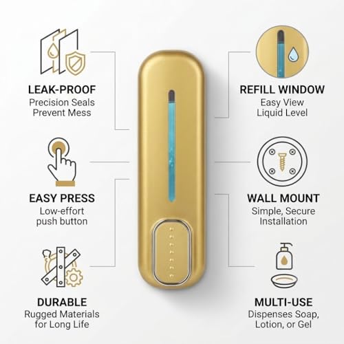 Image of Wall Mounted Soap Dispenser | Liquid Hand Wash Dispenser for Bathroom & Kitchen | Manual Soap Pump | Kitchen Sink & Wash Basin Soap Dispenser Gold