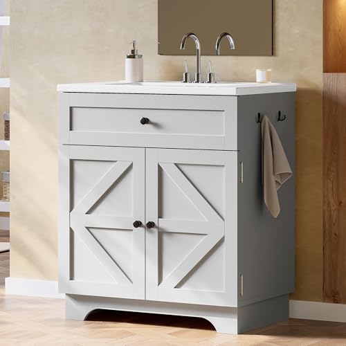 ANCTOR 30 Inch Bathroom Vanity with Integrated Ceramic Sink, Farmhouse Single Sink Bathroom Vanity, Tip-Out Drawer & Adjustable Shelf (Gray)