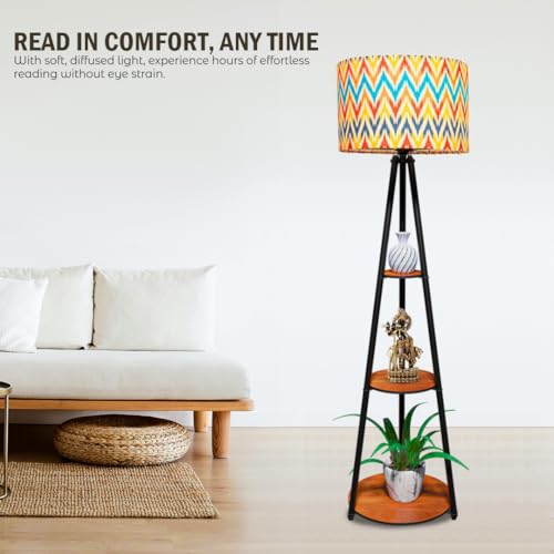 Image of Rellon Floor Lamp with 3 Storage Shelves, Metal FloorLamp for Living Room Standing Home Decoration FloorLamp Shade Reading for,Office,Kitchen,Bedroom (A5)