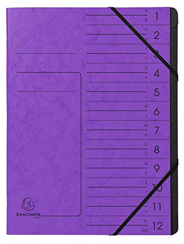 Exacompta 541208E Premium Ordnungsmappe geheftet. Aus extra starkem Colorspan-Karton DIN A4 12 schwarze Fächer und 2 Gummizüge mit Organisationsdruck Ringmappe Register-Mappe violett
