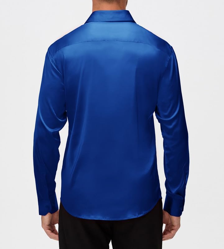 Damipow Satin Silk Mens Dress Shirts Long Sleeve Button Up Shirt Wedding Party Prom Shirt - Image 2