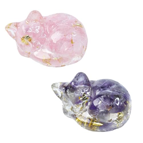 HYZSHL 2 Stück Katzenfigur, Katzen Deko, Katzenfigur, Kristall Katzen, Kristall Deko, Schlafende Katzenfiguren, rative Heimdekoration für Katzenliebhaber und Zur Entspannung, Geschenk, Rosa und Lila