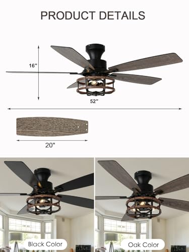 Image of 52 Inch Flush Mount Farmhouse Ceiling Fan with Light and Remote Control