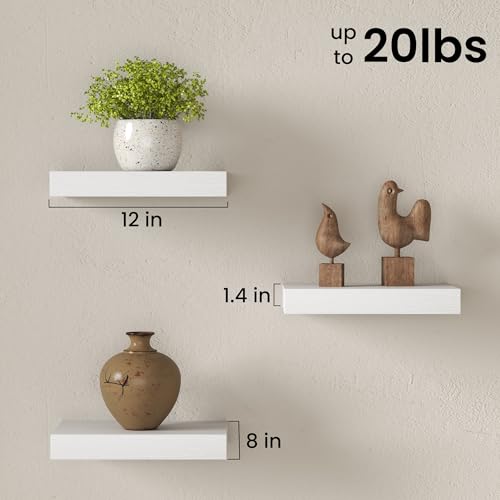 Image of Fun Memories 12 Inch Floating Shelves for Wall Set of 3, Wood Grain Bathroom Shelves with Invisible Brackets, Easy Install Wood Storage Shelves for Kitchen, Living Room, Bedroom, White
