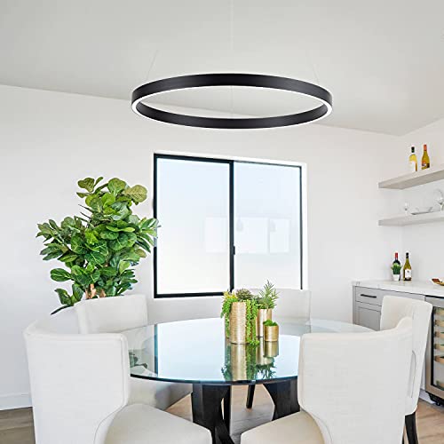 Image of MADEM Modern Black LED Pendant 1-Ring Circular Contemporary Chandelier | Room Decor 23.6'' Flush Mount Pendant Lighting for Living Dining Room Bedroom, 6000K Cool White,Black