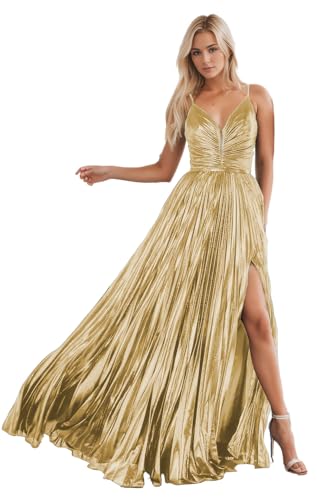 Metallic Prom Dresses for Women Spaghetti Straps Formal Dress with Slit Sparkly Satin Evening Gown