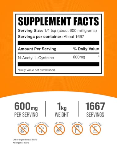 Image of BulkSupplements.com NAC Powder - N-Acetyl Cysteine 600mg, NAC Supplement - Antioxidant Support, Gluten Free - 600mg per Serving, 1667 Servings, 1kg (2.2 lbs) (Pack of 1)