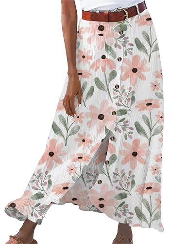 BOFETA Mujer Maxi Falda De Textura Columpio Faldas con Aberturas Fluido Falda Larga con Botones Delanteros Flores Rosa L