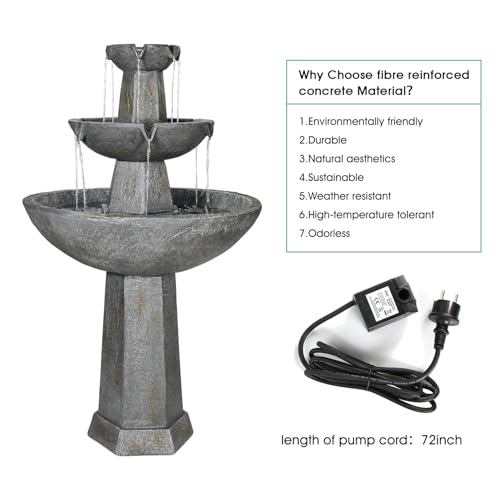 Image of SunJet 43.3 inch High 3-Tiers Modern Concrete Outdoor Water Fountain - Round Large Outdoor Fountains and Waterfalls for Garden, Patio, Yard, and Deck Decor, Featuring Natural Stone Look(43.3inch,Grey)