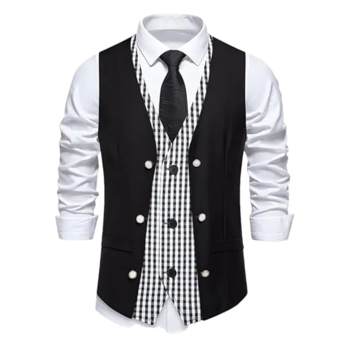 Men’S Vintage Fake Two-Piece Patchwork Plaid Vest Single Breasted Slim Fit Formal Business Wedding Waistcoat