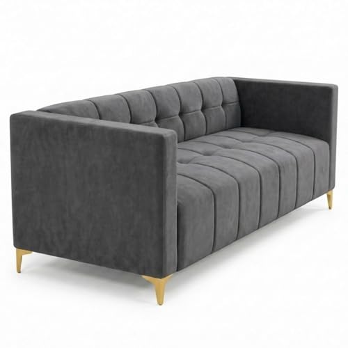 Image of FURNY Homeliving 4 Seater L Shape Sofa Set with Movable Ottoman & Golden Legs | Flexible Left or Right Layout | Plush Velvet Fabric (Dark Grey) | Perfect for Living Room, Guest Room & Office