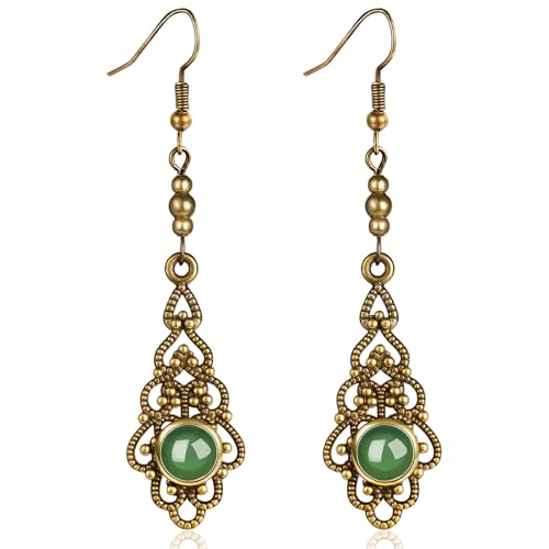 Boho Green Aventurine Bronze Dangle Earrings for Women Trendy Handmade Vintage Teardrop Summer Earrings Retro Carved Waterdrop Lucky Earings Fashion Accessories Birthday Stone Jewelry Gifts.