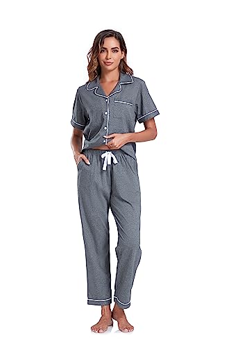 Image of COLORFULLEAF Women's 100% Cotton Pajamas Set Button Down Sleepwear Short Sleeve Shirt and Long Pants Soft Ladies Lounge Sets
