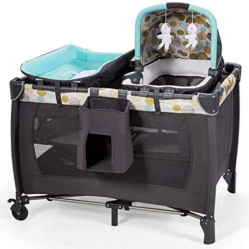 HONEY JOY 4-in-1 Pack and Play with Bassinet, Infant Nursery Center Pack and Play w/Newborn Cradle & Hanging Toys, Diaper Storage Bag, Music, Carry Bag, Portable Baby Playard w/Changing Station (Blue)