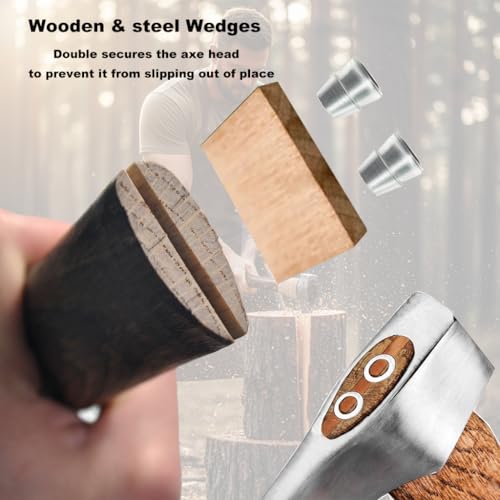 Bumtosc Hand-Forged Carbonized Axe Handle - 15/24 Inch Replacement Handle Wood & Steel Wedges to Revive Your Old Axe Includes Hemp & Leather Cords (14.57inch(37cm))