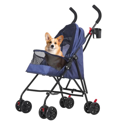 COOLCRAB Pet Stroller Oxford Cloth Foldable Dog Strollers for Small Dogs and Cats Suitable for All Road Surfaces Wide-View Panoramic Window 4 Wheels with Brakes Portable Design, Easy to Store (Blue)
