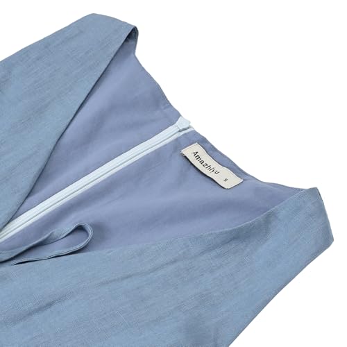 Image of Amazhiyu Womens 100% Linen Summer V Neck Tie Front Sleeveless Mini Tank Dress