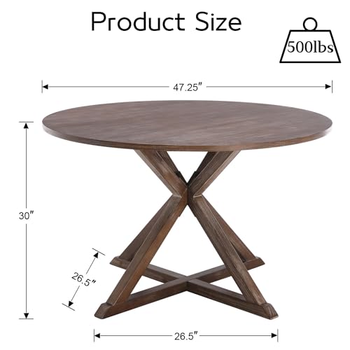Janoray Round Dining Table for 4-6 People 47.25 Inch Farmhouse Kitchen Table with Wooden Pedestal Base Brown Circle Kitchen Table for Dining Room, Kitchen, Living Room