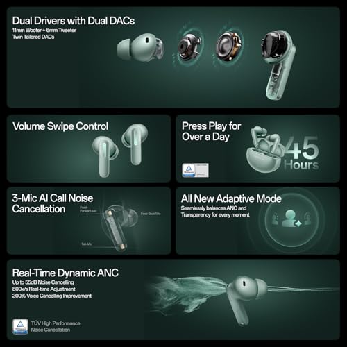 Image of OnePlus Buds 4 TWS Earbuds with Upto 55dB Real-time ANC, Adaptive Mode, Dual Drivers and DACs, 3D Audio, Upto 45hrs Music Playback, Dual-Device connectivity, 47ms Low Latency, Storm Gray