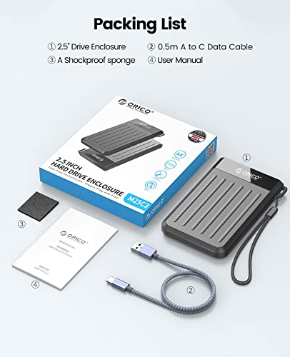 Orico 2.5'' Hard Drive Enclosure,Usb C 3.2 Gen 2 To Sata 3.0 6Gbps Hdd Enclosure With Upgraded Usb C Cable For 7 9.5Mm Wd Seagate Toshiba Samsung Ssd Hdd On Business Travel,Grey[M25C3] #TOP6