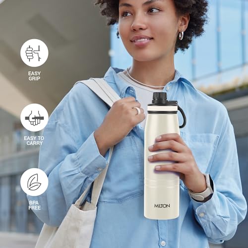Image of Milton Sparkle 600 Thermosteel Water Bottle with Easy Sip Cap and Handle, 620 ml, Vacuum Insulated Stainless Steel, Hot and Cold, On The Go Bottle for Office College, Ivory