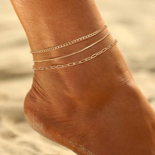 Image of Ritach Ankle Bracelets for Women - Silver /Gold Plated Stainless Steel Anklets for Women Waterproof Layered Cuban Link Figaro Chain Heart Anklets Set Summer Beach Jewelry Gifts