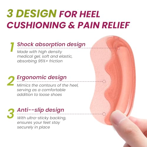 Image of Heel Pads Grips for Women Shoes - Bukihome Strong Adhesive Heel Cushion Inserts Prevent Slipping, Rubbing, Blisters, Foot Pain, Improve Shoe Fit - Heel Pad for Shoe Too Big (Pink,6 Pairs)
