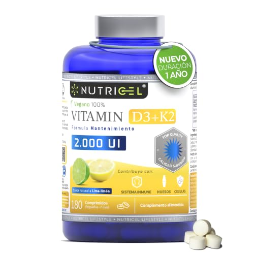 Vitamina D3 + K2 MK7 2000 UI Vegana - 180 Comprimidos Sabor Lima-Limón