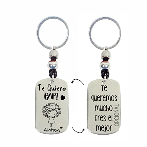 Llavero Personalizado Día del Padre – Dibujo de Niños con Nombres – Zamak Baño de Plata y Cuero – Medidas 100x30mm – Regalo Original Padre, Abuelo o Tutor. Modelo Te Quiero Papi Niñ@