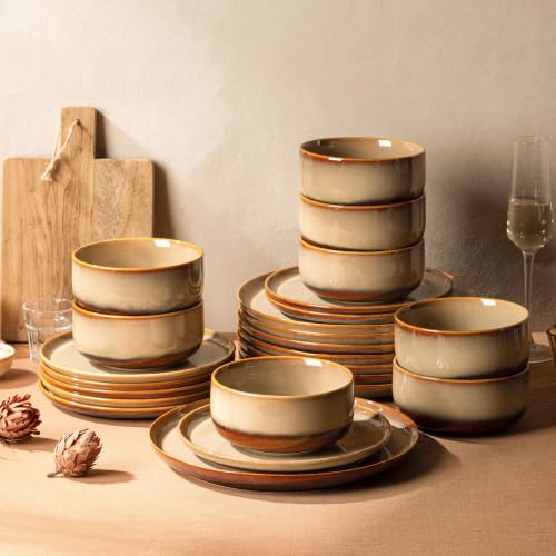 Image of TheTerra Ceramic Dinnerware Sets for 8, 24 Pieces Handmade Reactive Glaze Plates and Bowls Set, Scratch Resistant Dish Set, Oven & Microwave & Dishwasher Safe, Creamy Amber