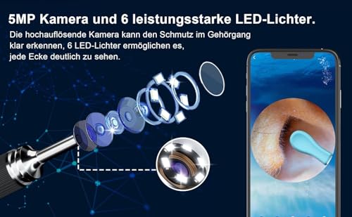 Ohrenschmalz Entferner Otoskop, HOFENY 5MP HD Ohrenreiniger mit 360° Weitwinkel-Ohr-Endoskop, WiFi Ohrenreiniger Kamera mit 6 LEDs, Ohr Endoskop Ohren Reinigung Ohrspiegel für Android/IOS/Harmony