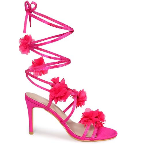 Image of Perphy Strappy Lace Up Stiletto Heel Flower Sandals for Women Hot Pink 9 UK/Label Size 11 US