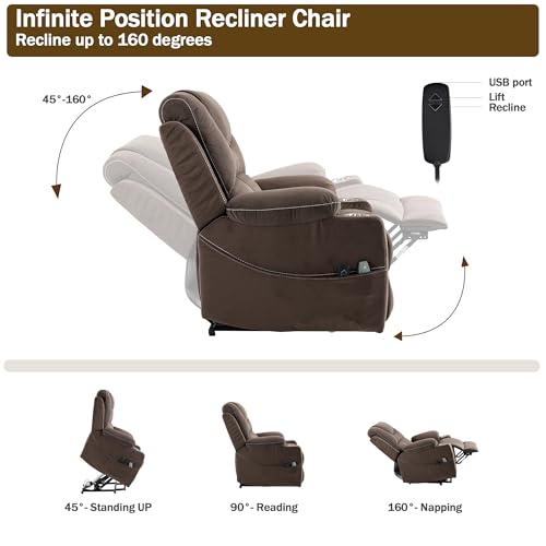 Power Lift Recliner Chair for Elderly with Massage and Heating, Ergonomic Electric Recliner Chair Single Sofa for Adults with Remote Control USB Port, Cup Holders, Side Pockets
