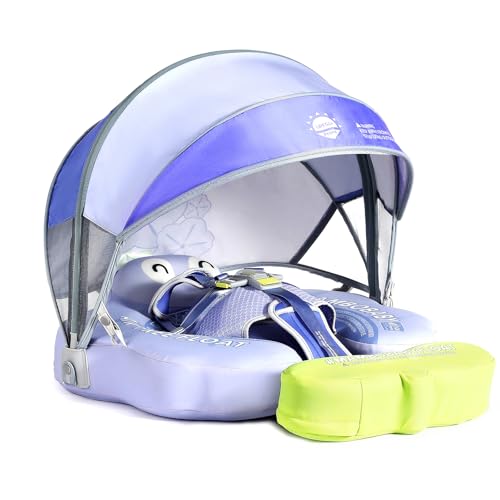 Image of Mambobaby Non-Inflatable Baby Pool Float with Tail and Canopy UPF 50+ Sun Protection No Flip Over Infant Swim Float Skin-Friendly Mambo Float Swim Trainer Solid Baby Swimming Ring