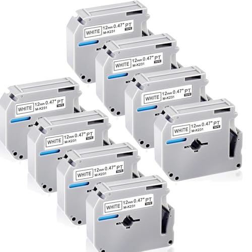 Ruban M-K231 compatible Brother P-Touch 12mm noir sur blanc pour étiqueteuse PT-M95 lot de 8