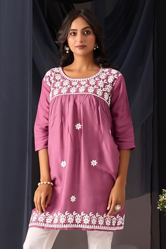 Image of Sidhidata Rayon Floral Embroidered Short Kurti | Short Anarkali Kurti for Girls | Women's Casual Sleeveless Printed Top | Tops for Women (Kurti Myra)