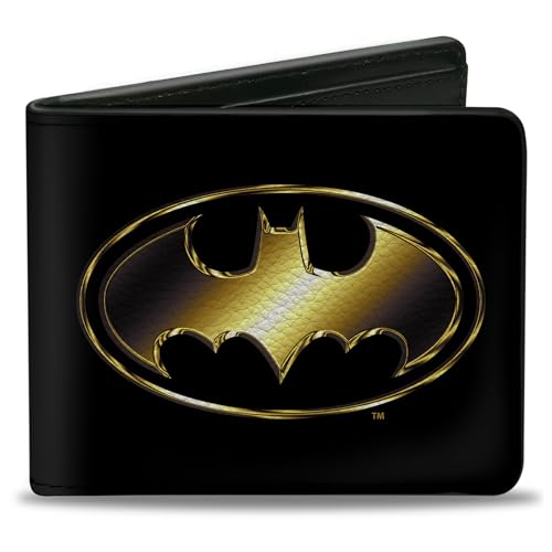 DC Comics Wallet, Bifold, Justice League Batman Bat Signal Logo Black Gold, Vegan Leather