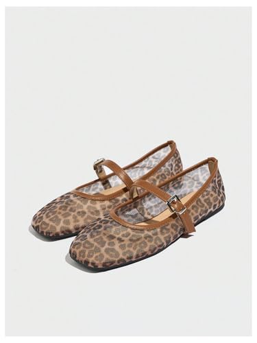 Milumia Women's Leopard Print Mesh Bellet Flats Mary Jane Square Closed Toe Flat Shoes2