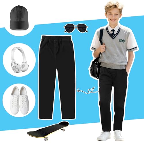 AYBUY Schulhosen für Jungen, Stretch Schwarze Hose Jungen, mit Elastischer Bund Klassisch Uniformhosen, Fashion und Vielseitig, für Joggen, Sport, Schule, tägliche Reisen,Schwarz, 7-8 Jahre(130)