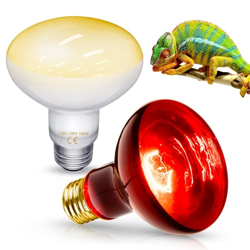100W Reptile Heat Lamp Bulb, 2 Pack Day & Night Basking Spot Bulb Combo Amphibian Infrared Heat Lamp Bulb, Reptile Heating lamp for Lizard, Bearded Dragon, Turtle, Snake, Leopard Gecko, Chicken