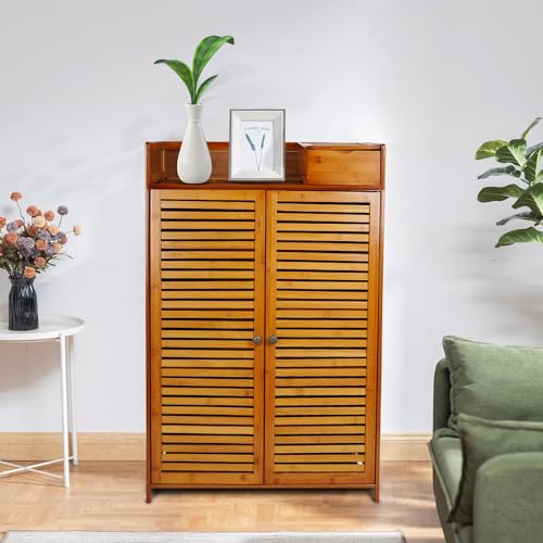 Image of Naayaab Craft Bamboo Shoe Cabinet with Doors, 7-Tier Freestanding Shoe Storage Rack for Hallway, Entryway, Living Room & Office, Brown (62 x 31 x 114 cm)