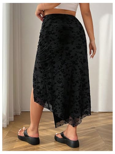 SHENHE Women's Plus Size Floral High Waist Slit Skirt Ruched Drawstring Asymmetrical Boho Long Skirt2