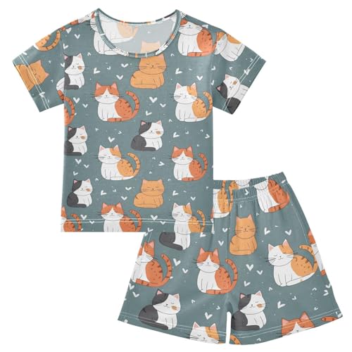 ALAZA Cute Cat Heart Love Pajamas Short Sleeve 2 Piece Sleepwear Top and Bottom Pajama Set Unisex