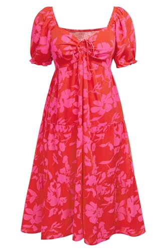 Image of Plus Size Summer Dresses - Sweetheart Neck Drawstring Puff Sleeve Casual Tiered Aline Flowy Midi Dress