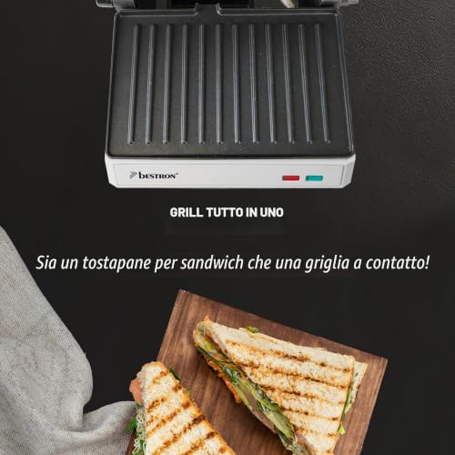 Bestron - Griglia elettrica a contatto con vassoio di raccolta, sandwich maker con manico cool touch e apertura a 180°, con rivestimento antiaderente, modello per principianti, APM124W, colore: bianco - Immagine 3