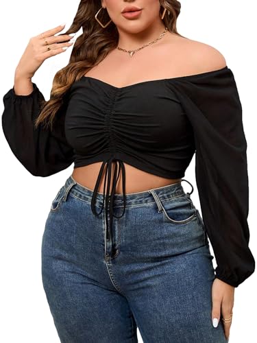 SOLY HUX Women's Plus Size Blouse Drawstring Ruched Front Off Shoulder Bishop Long Sleeve Crop Tops