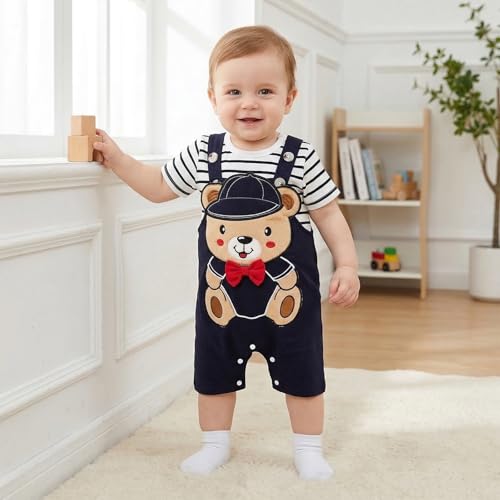 Image of Baby Boy Clothes Striped Romper Cartoon Overall Set 0-18M | Soft Breathable Cotton Romper And Animal Cartoon Overall Shorts Set Offering All-Day Comfort, Daily Wear, Machine Washable